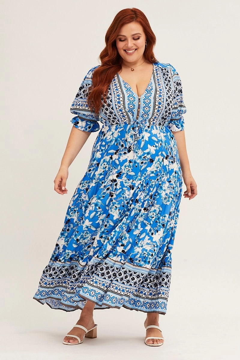 Boho Print Short Bubble Sleeve Boho Print Maxi Dress Vibrant Aesthetic Light material
