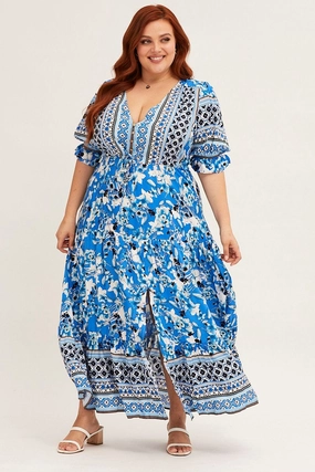 City Style Boho Print Short Bubble Sleeve Boho Print Maxi Dress