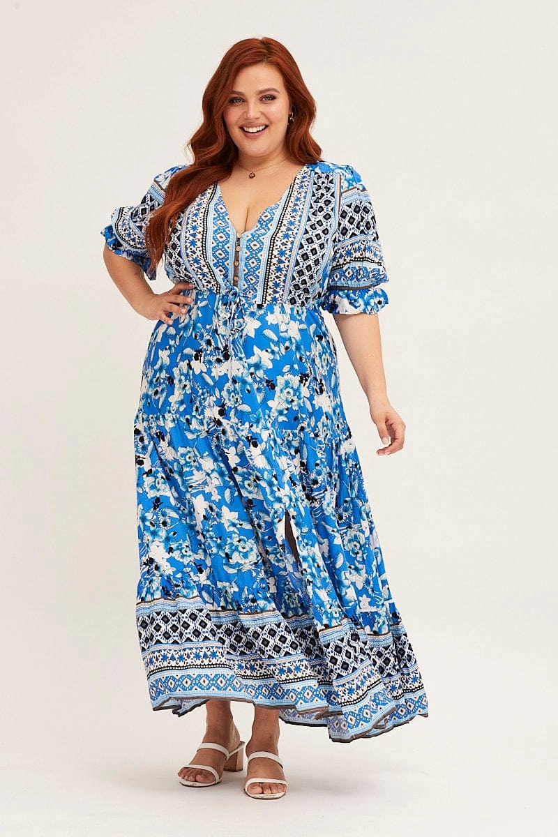 Boho Print Short Bubble Sleeve Boho Print Maxi Dress Modern Lines