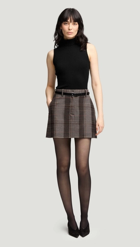 Shape Enhancing Weekend Fashion Mini Tailored Skirt in Viscose Blend | Coffee/Beige Plaid
