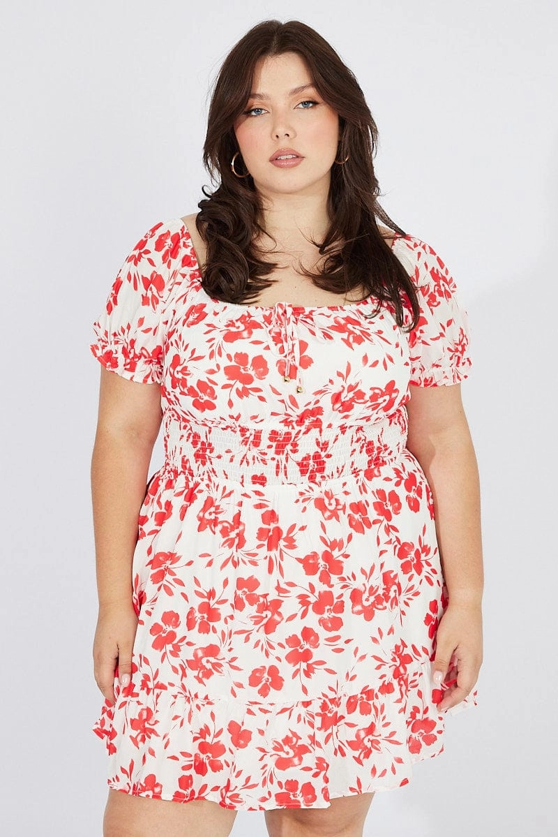 Semi Formal Red Floral Fit And Flare Dress Short Sleeve Ruched Bust