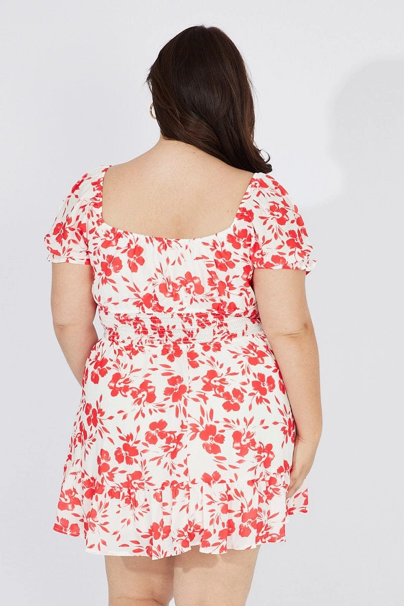 Red Floral Fit And Flare Dress Short Sleeve Ruched Bust Kind Glow Coffee Break