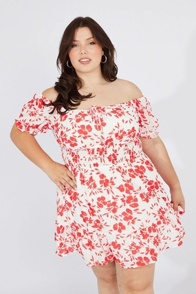 Versatile Layer Red Floral Fit And Flare Dress Short Sleeve Ruched Bust