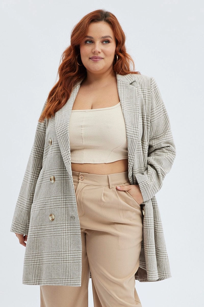 Camel Check Longline Coat Lined Recycled Material Construction