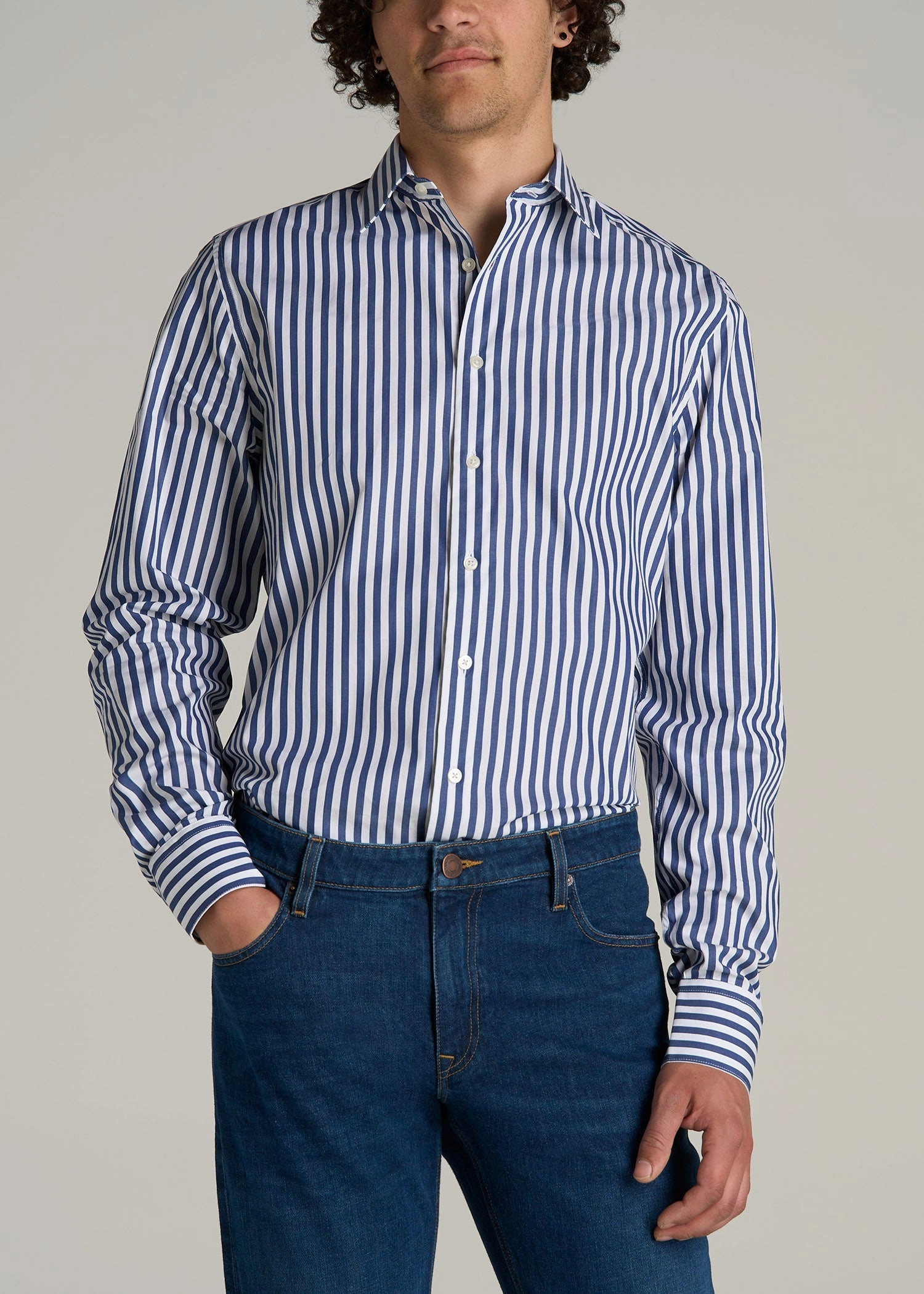 Premium Dress Shirt for Tall Men in Bold Blue Stripe Weighted Hem Trim