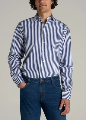 CrewNeck Premium Dress Shirt for Tall Men in Bold Blue Stripe
