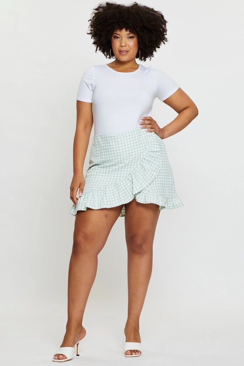 Fresh Texture Check Skort Skirt High Rise Frill Hem