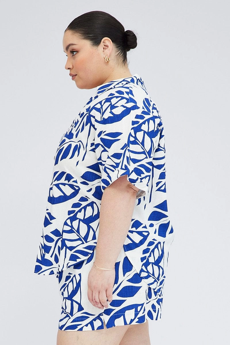 Blue Abstract Relaxed Shirt Short Sleeve Double Stitched Hems Smooth Zipper Design