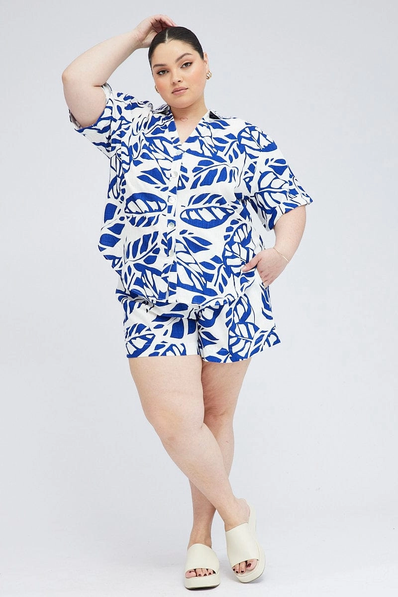 Blue Abstract Relaxed Shirt Short Sleeve Classy Detail Fitted Design