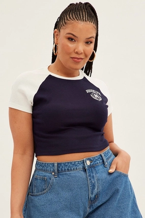 Blue Baby T-shirt Raglan Sleeve Contrast Embroidered Performance Layer