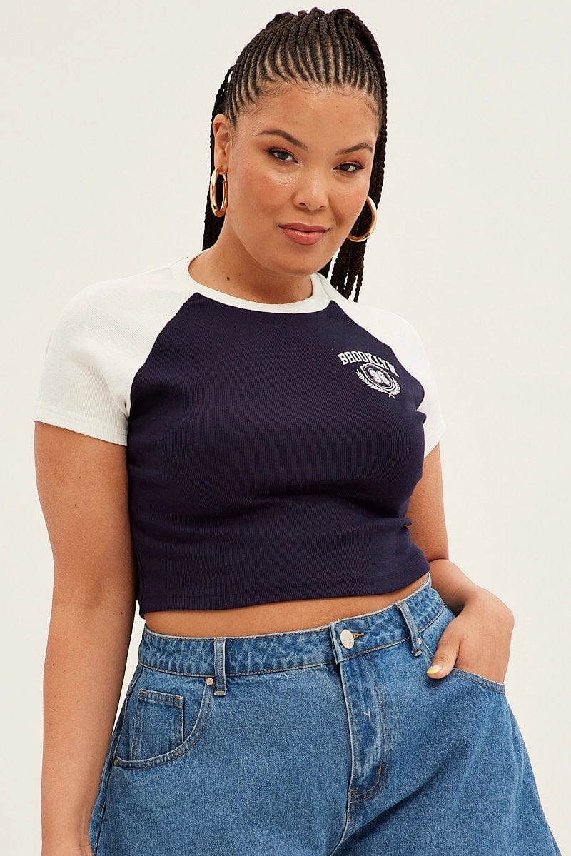 Blue Baby T-shirt Raglan Sleeve Contrast Embroidered Performance Layer