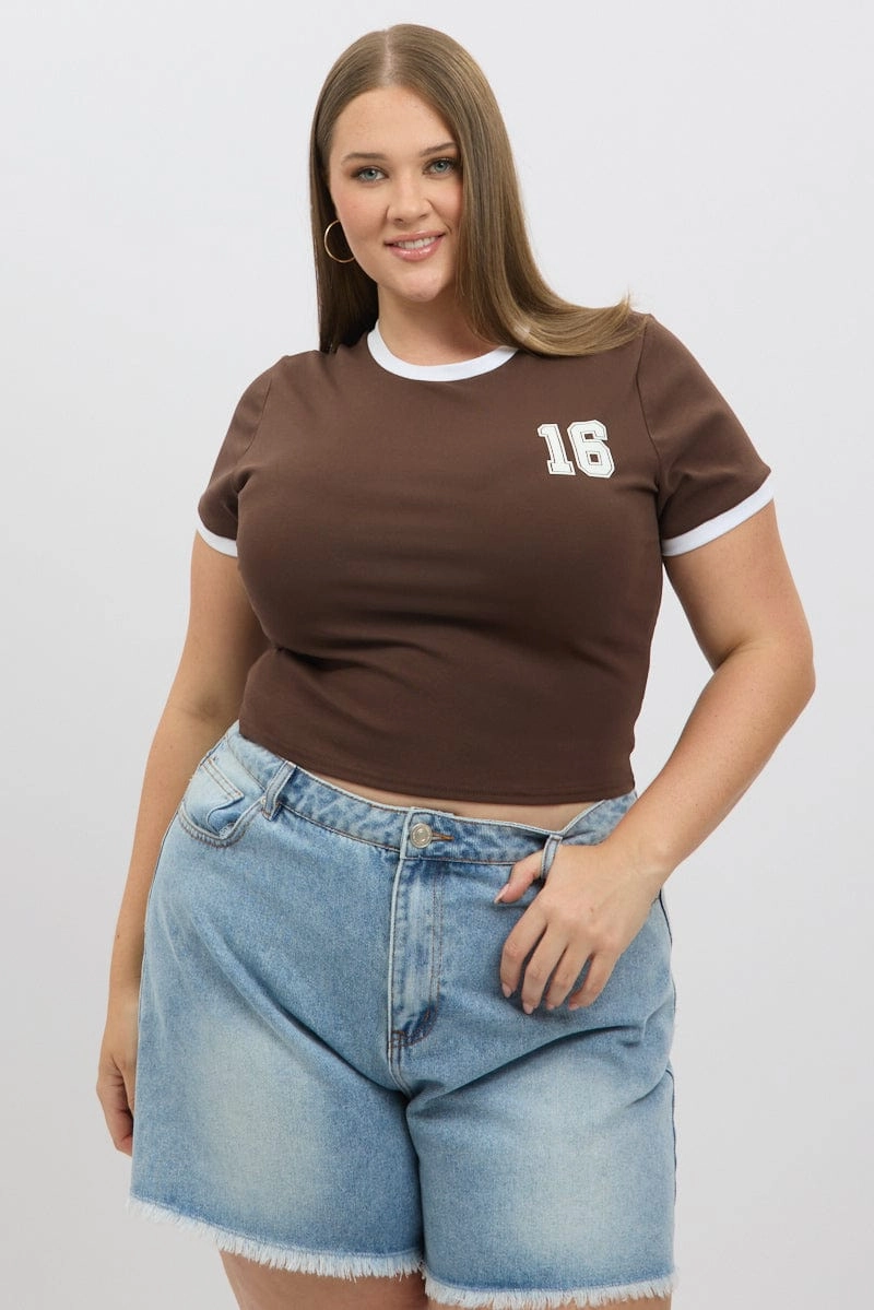 loose fitting Brown Graphic T Shirt Short Sleeve Crew Neck