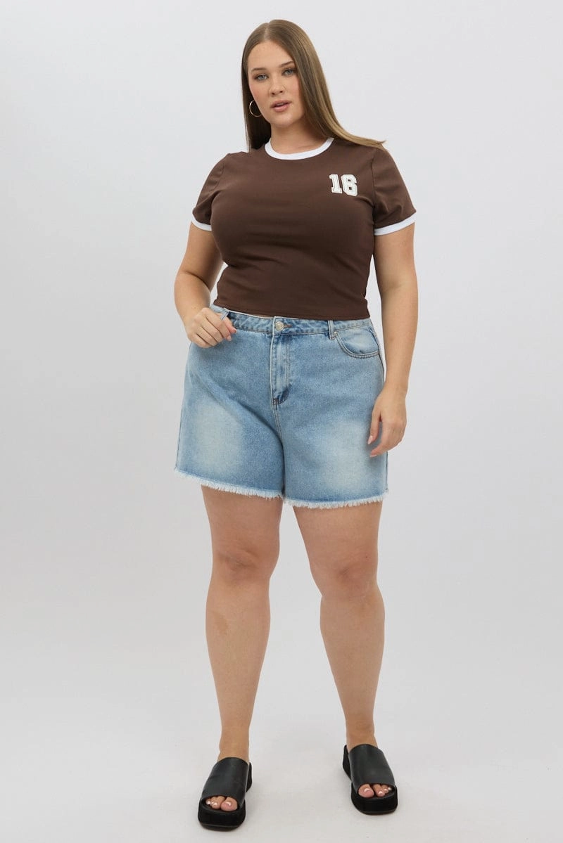 Layered Collar Brown Graphic T Shirt Short Sleeve Crew Neck