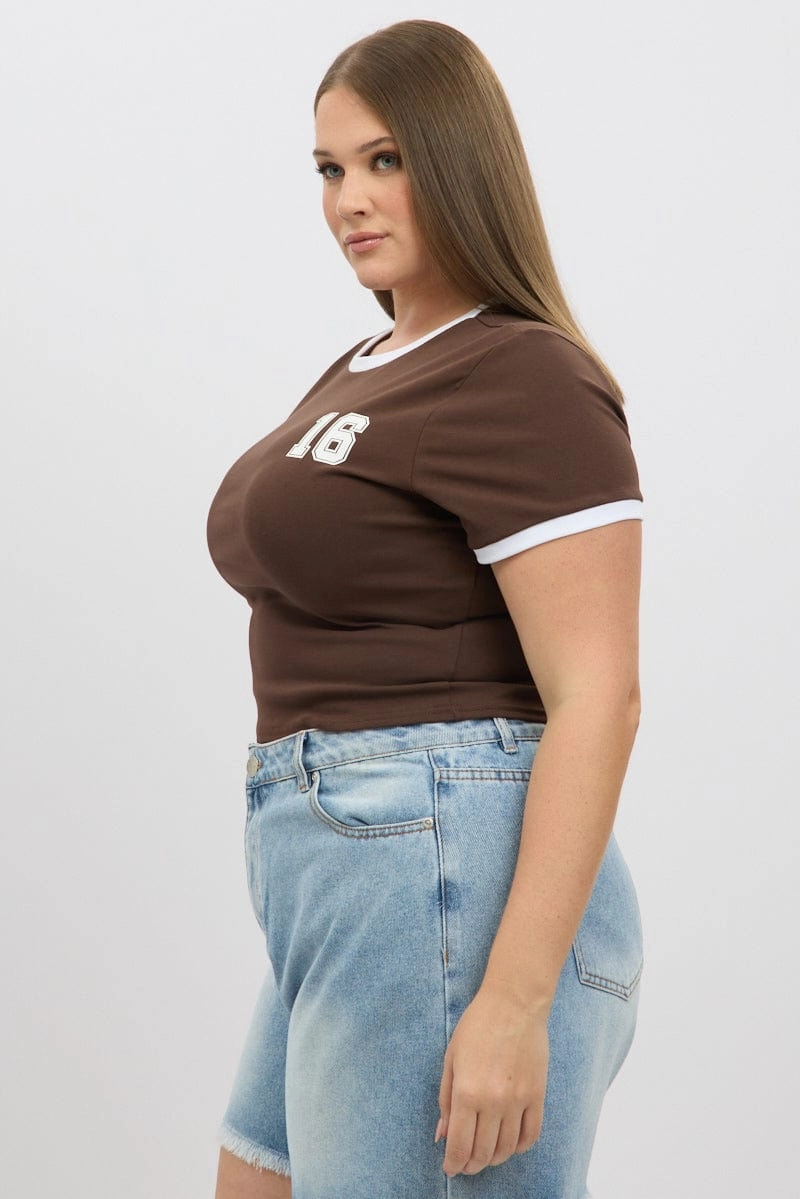 Brown Graphic T Shirt Short Sleeve Crew Neck Hypoallergenic Textile