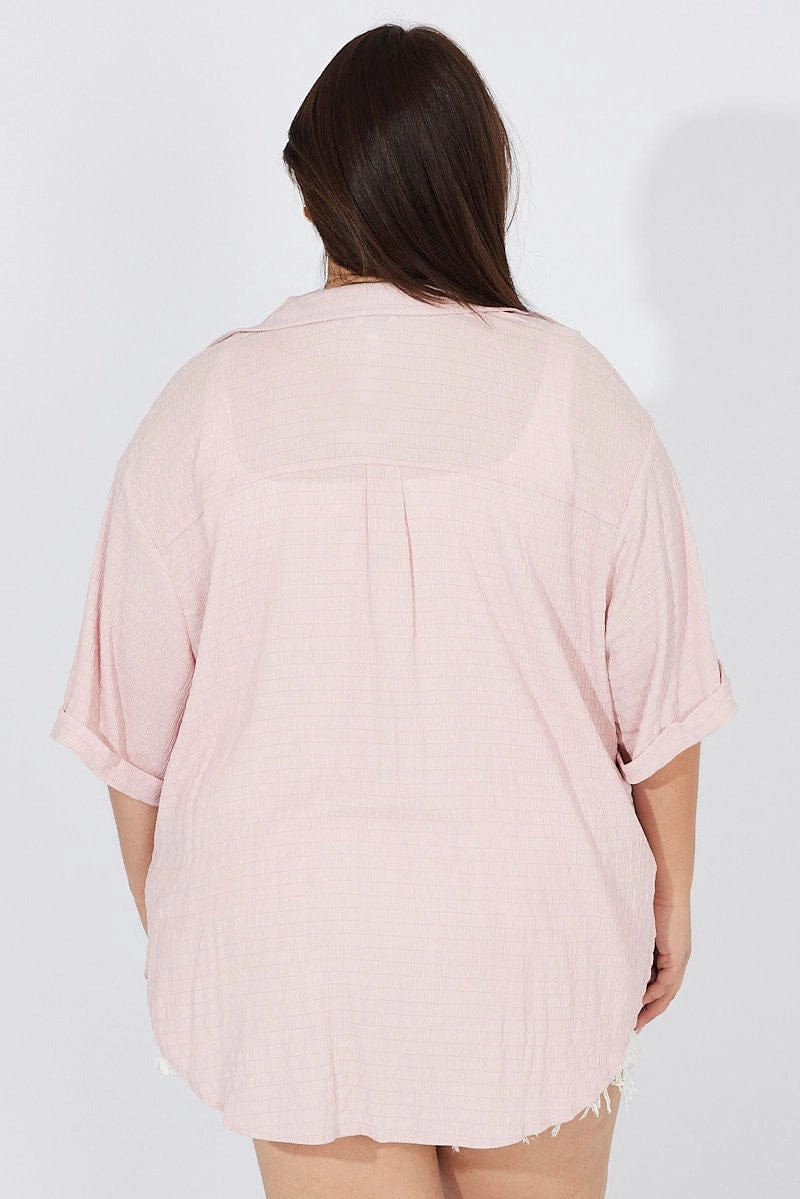 High-Quality Craftsmanship Unique Design Pink Relaxed Shirt Short Sleeve Textured