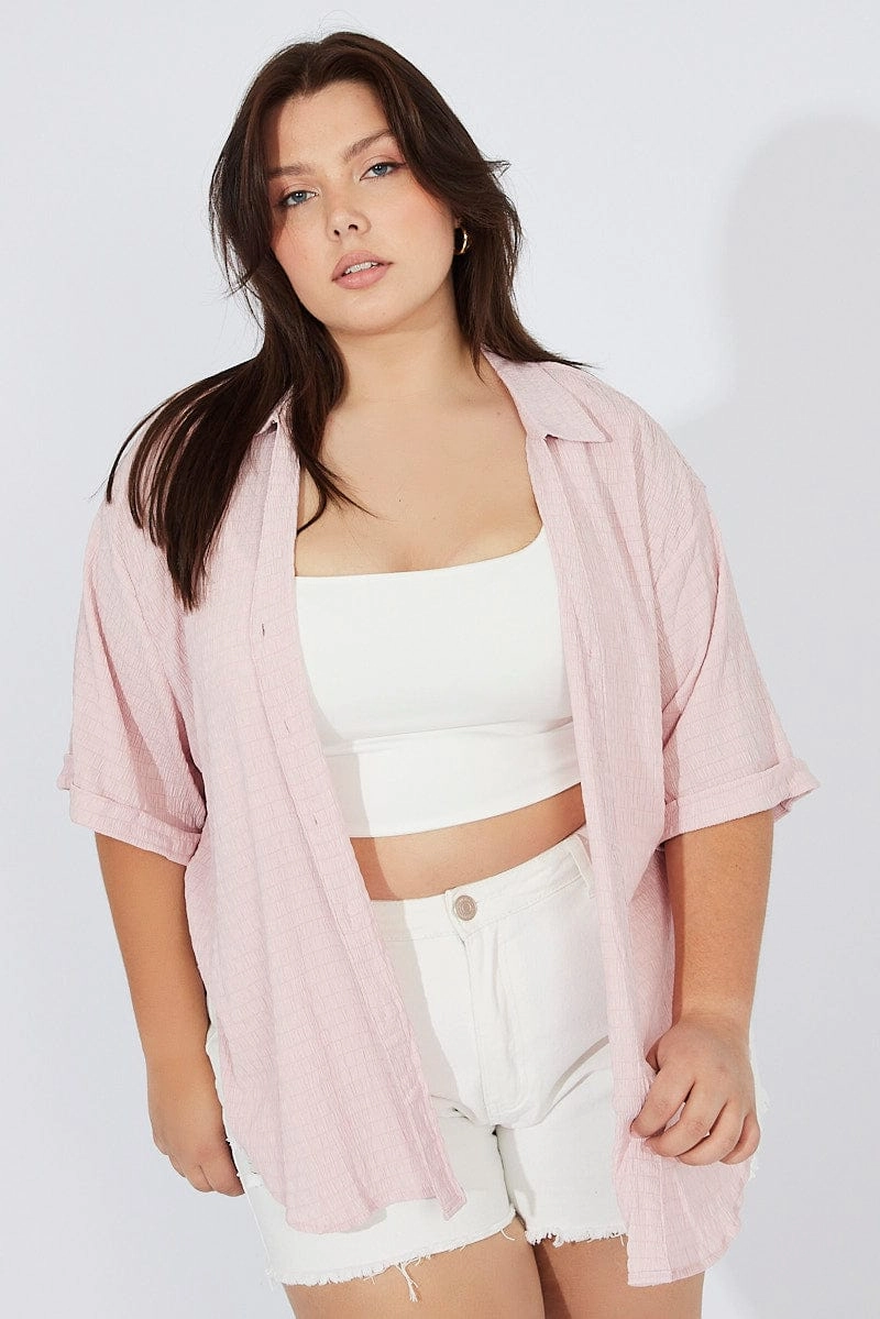 Pink Relaxed Shirt Short Sleeve Textured Lightweight Comfort