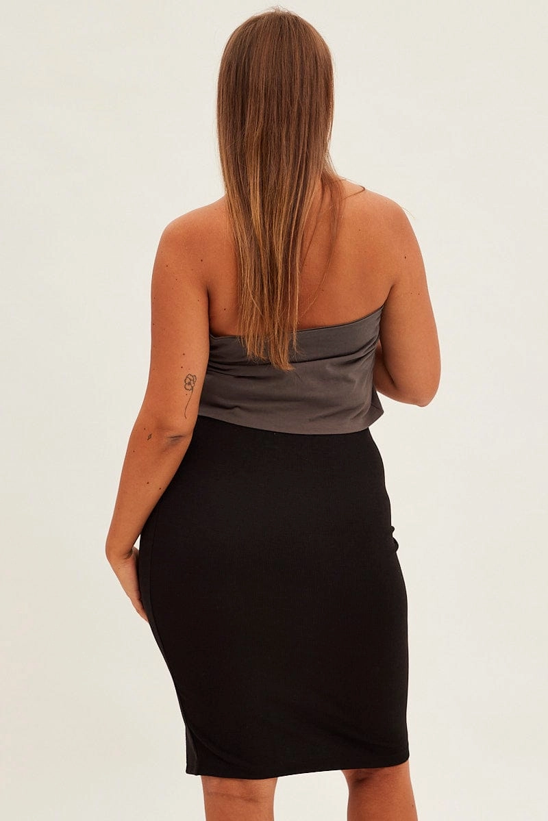 Black Midi Skirt Rib Textured Jersey Elastic Waist Travel Influence