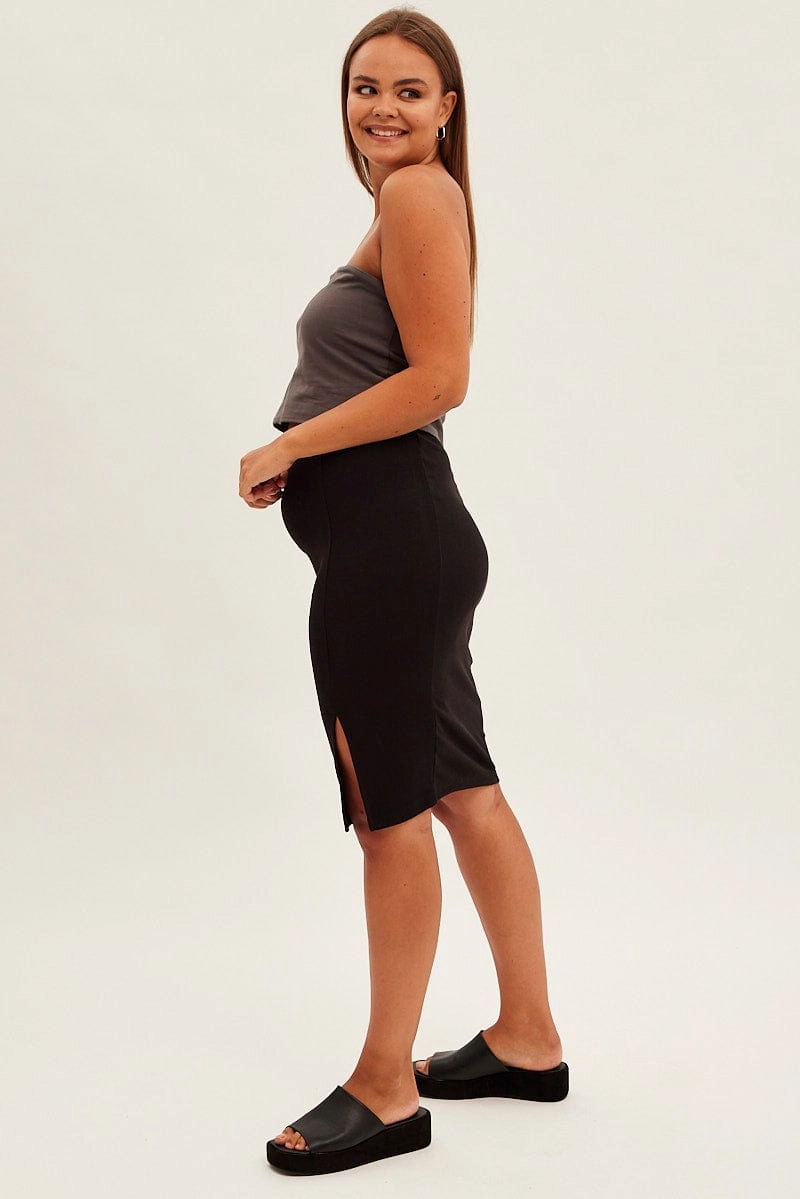 Black Midi Skirt Rib Textured Jersey Elastic Waist Refined Texture Wrap Front