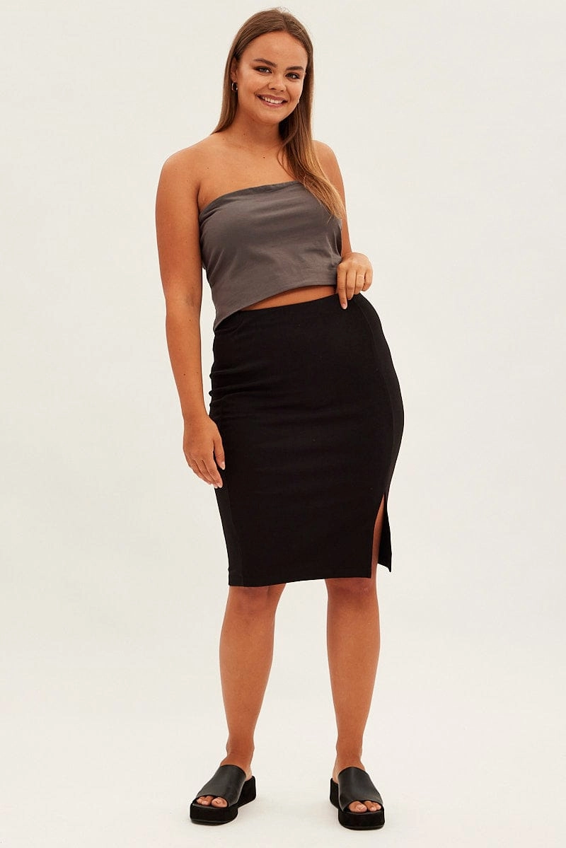 Black Midi Skirt Rib Textured Jersey Elastic Waist Fashion Mood Flared hem