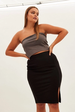 Black Midi Skirt Rib Textured Jersey Elastic Waist Gentle Wear