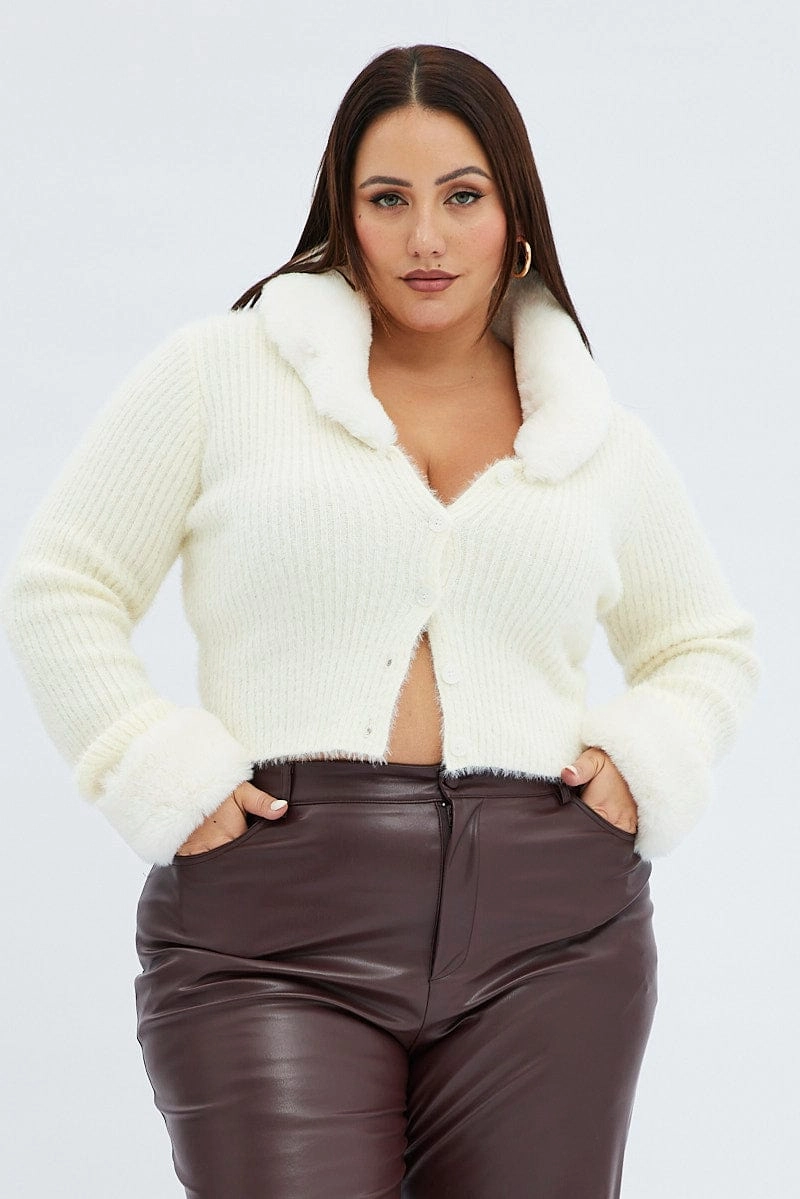 Convertible Collar Design White Knit Cardigan Fur Trim