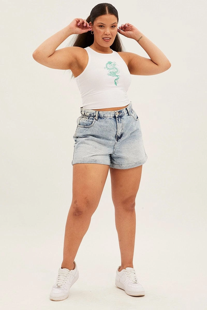 White Sleeveless Rib Tank Top With Dragon Embroidery Soft Breathable