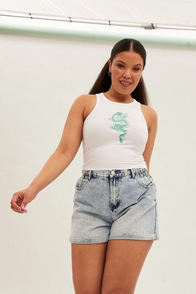 White Sleeveless Rib Tank Top With Dragon Embroidery Striped modernity Stylish Design