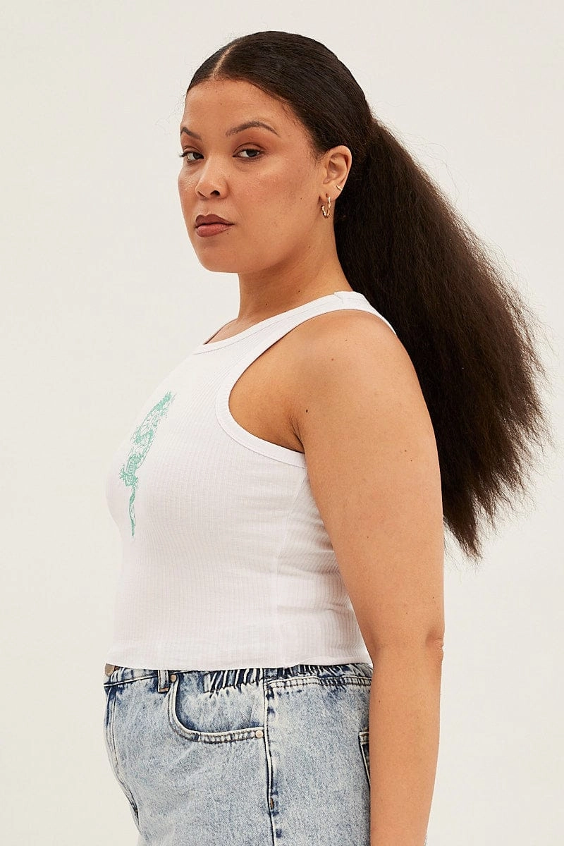 Breathable Material White Sleeveless Rib Tank Top With Dragon Embroidery