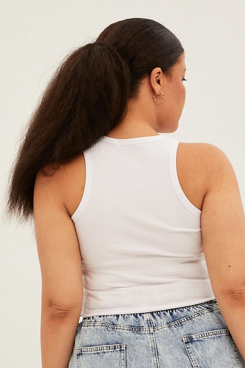 White Sleeveless Rib Tank Top With Dragon Embroidery Soft Touch