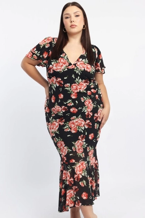 AntiPillTreatment Red Floral Maxi Dress Short Sleeve Chiffon Ruffle