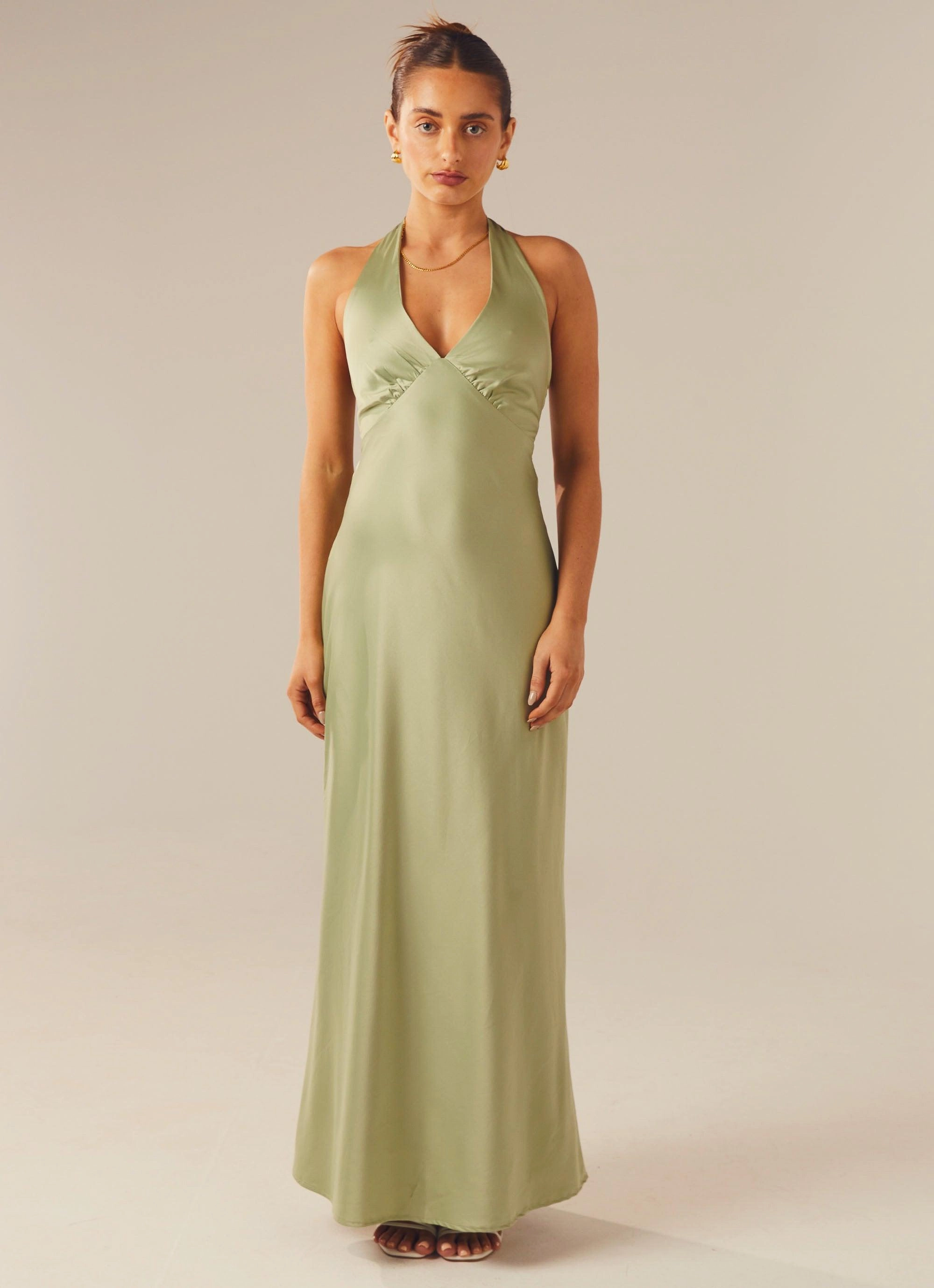 Statement Neck Balanced Look Heavy Hearted Satin Maxi Dress - Sage