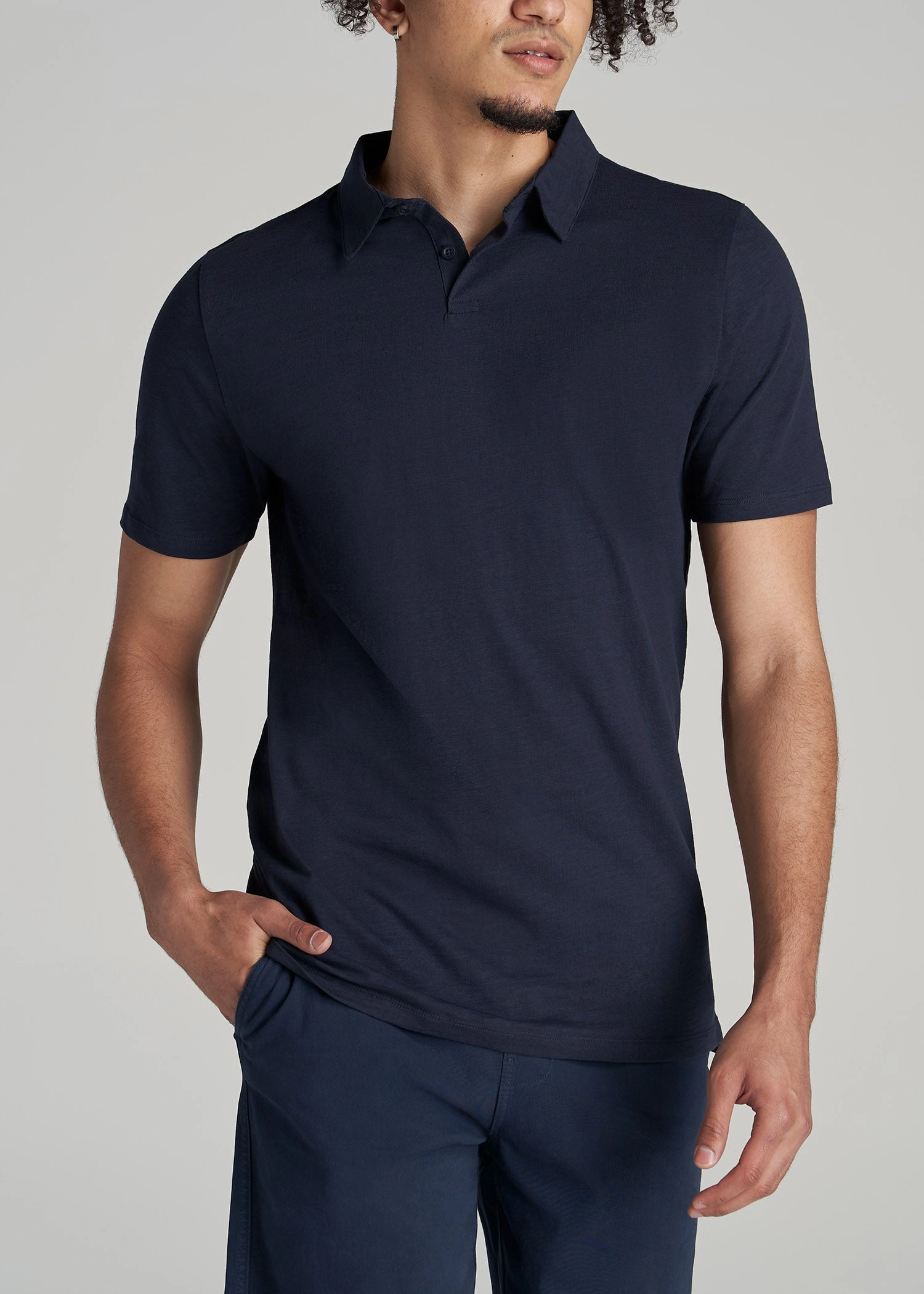 Slub Self Collar Tall Polo Shirt in Navy Stretch Material
