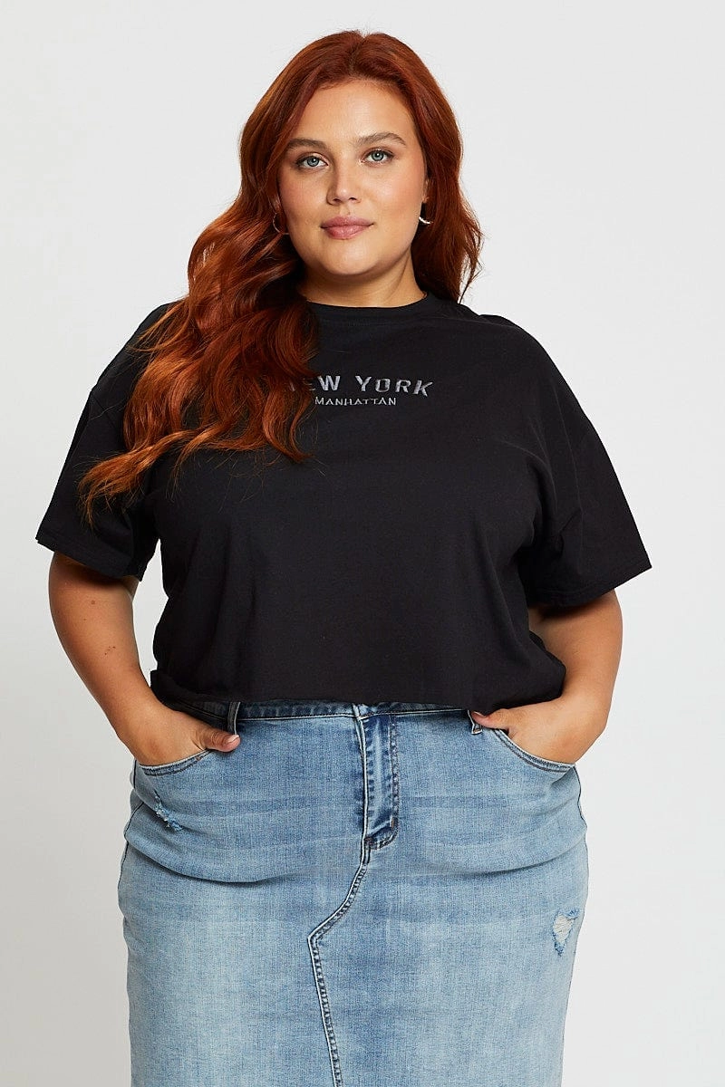 Black Crop T-shirt New York Embroidered Cotton Semi print design Functional Side Gussets