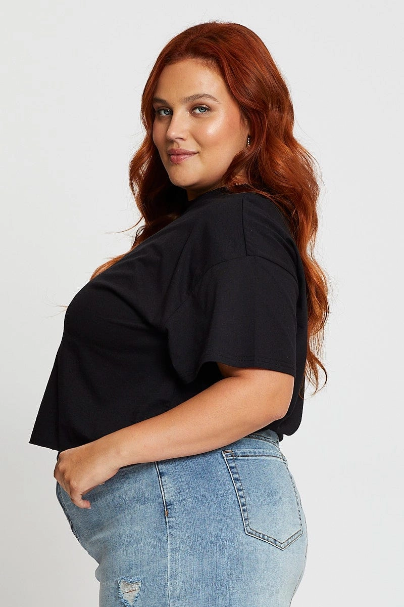 Sleek And Stylish Effortless Comfort Wear Black Crop T-shirt New York Embroidered Cotton Semi