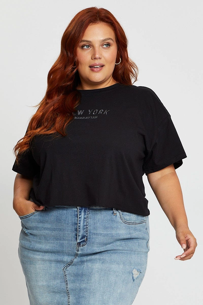 Black Crop T-shirt New York Embroidered Cotton Semi Cozy Layer Fit