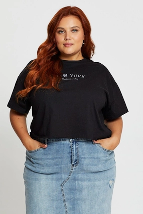 Black Crop T-shirt New York Embroidered Cotton Semi print design Functional Side Gussets