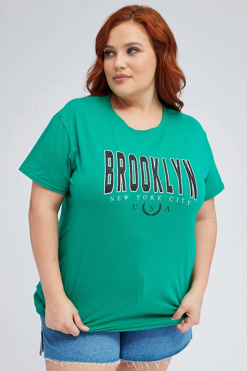Unique Design Green Graphic T-shirt Brooklyn Short Sleeve Cotton