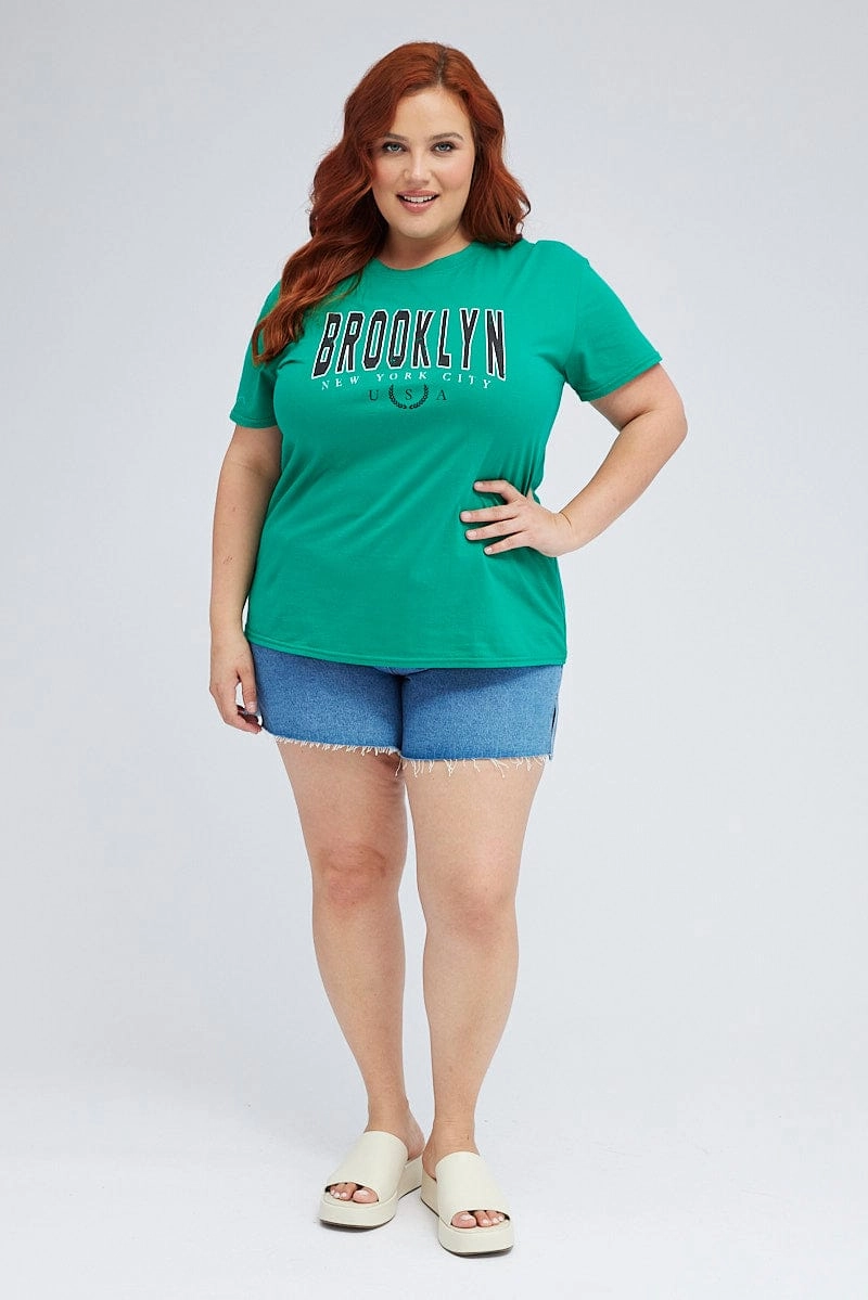 Green Graphic T-shirt Brooklyn Short Sleeve Cotton Sport Wear