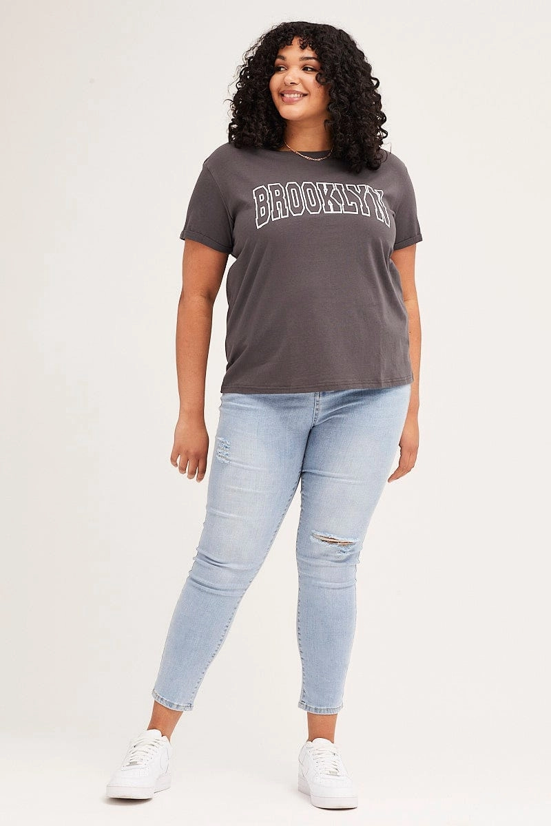 Summer Casual Grey Short Cuff Sleeve Graphic Regular T-shirt