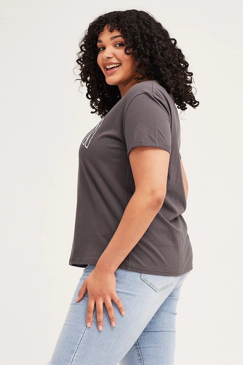 Grey Short Cuff Sleeve Graphic Regular T-shirt Party fun
