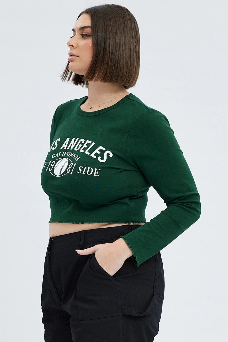 Green Graphic T-shirt Long Sleeve Crew Neck Fun and Relaxed