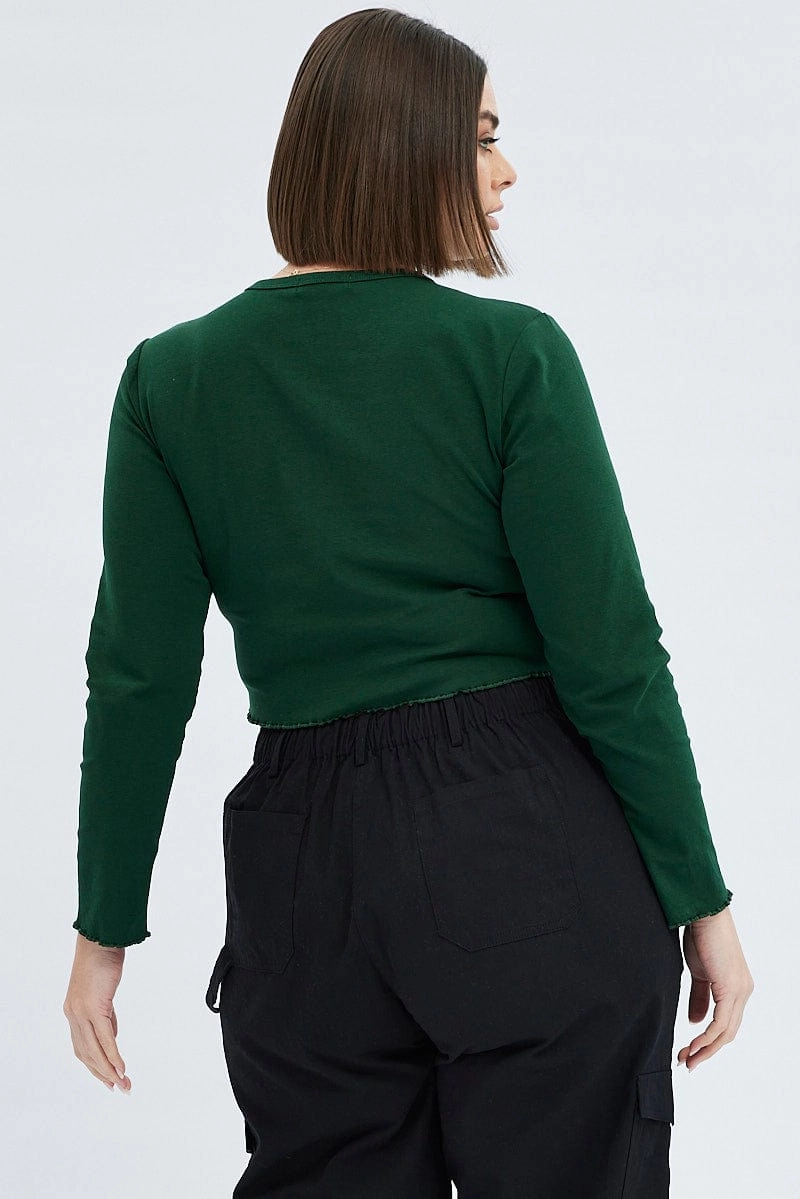 Green Graphic T-shirt Long Sleeve Crew Neck ReinforcedNeckline