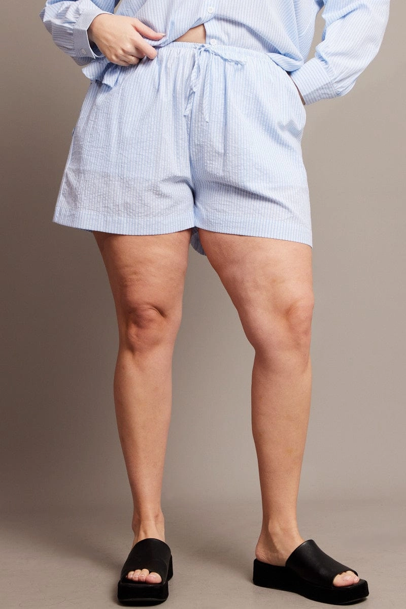 Blue Stripe Shorts Elasticated Waist Patchwork Design Classic Fit