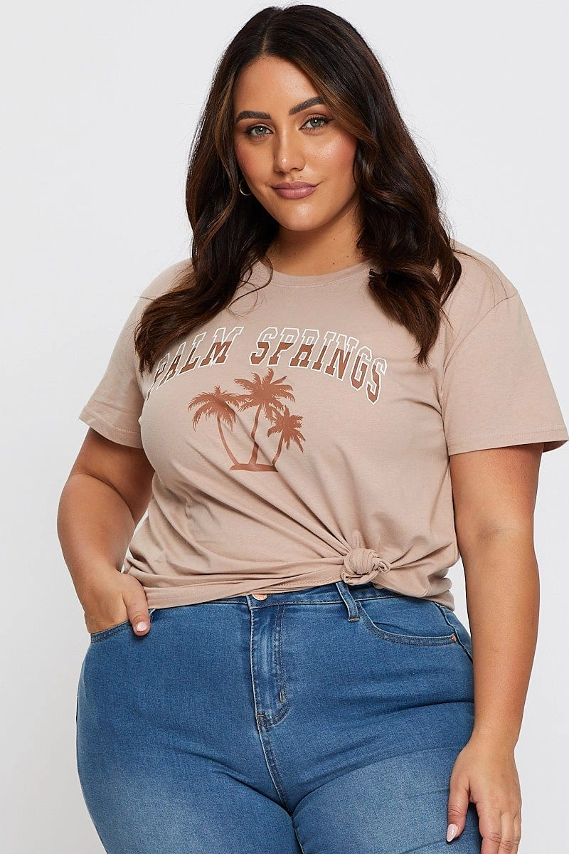 Brown Graphic T-shirt Palm Tree Short Sleeve Cotton Roomy Design