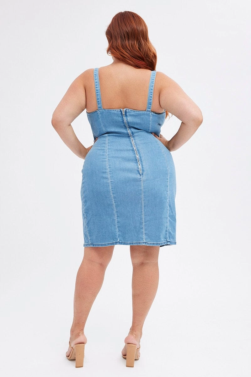 Blue Shoestring Strap Fitted Stretch Denim Mini Dress Evening Event Perfect Mood