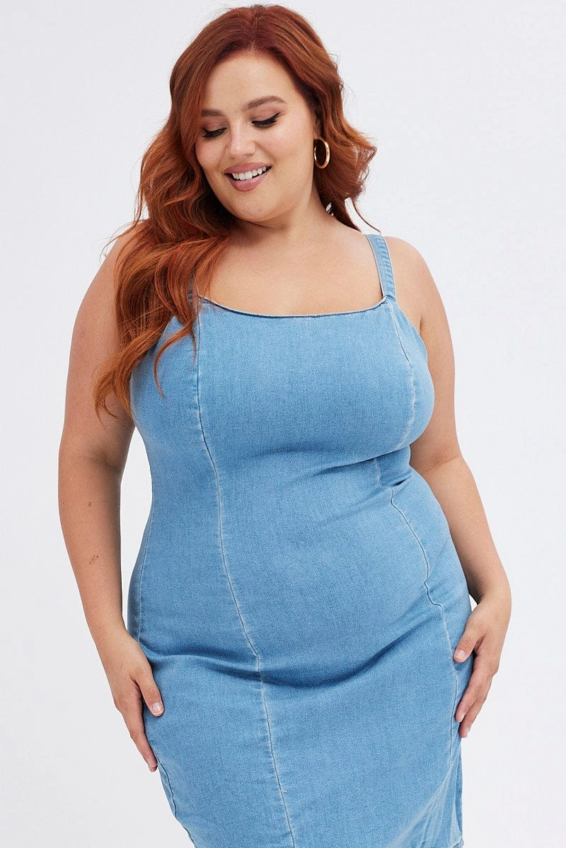Blue Shoestring Strap Fitted Stretch Denim Mini Dress Reversible-Style All Gender Fit