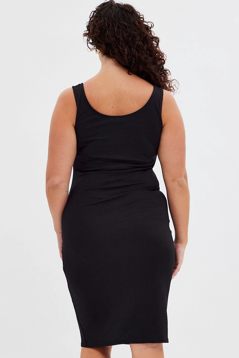 Black Midi Dress Rib Sleeveless Button Through Seamless Finish Chic Waistband