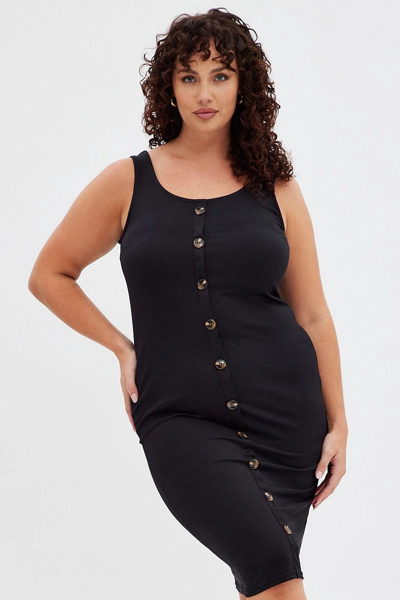 Black Midi Dress Rib Sleeveless Button Through Sleek Draping soft fit