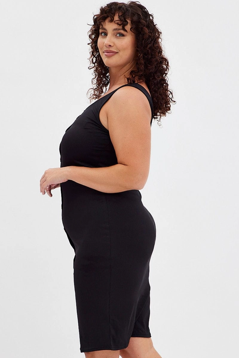 Stud-Detail Black Midi Dress Rib Sleeveless Button Through