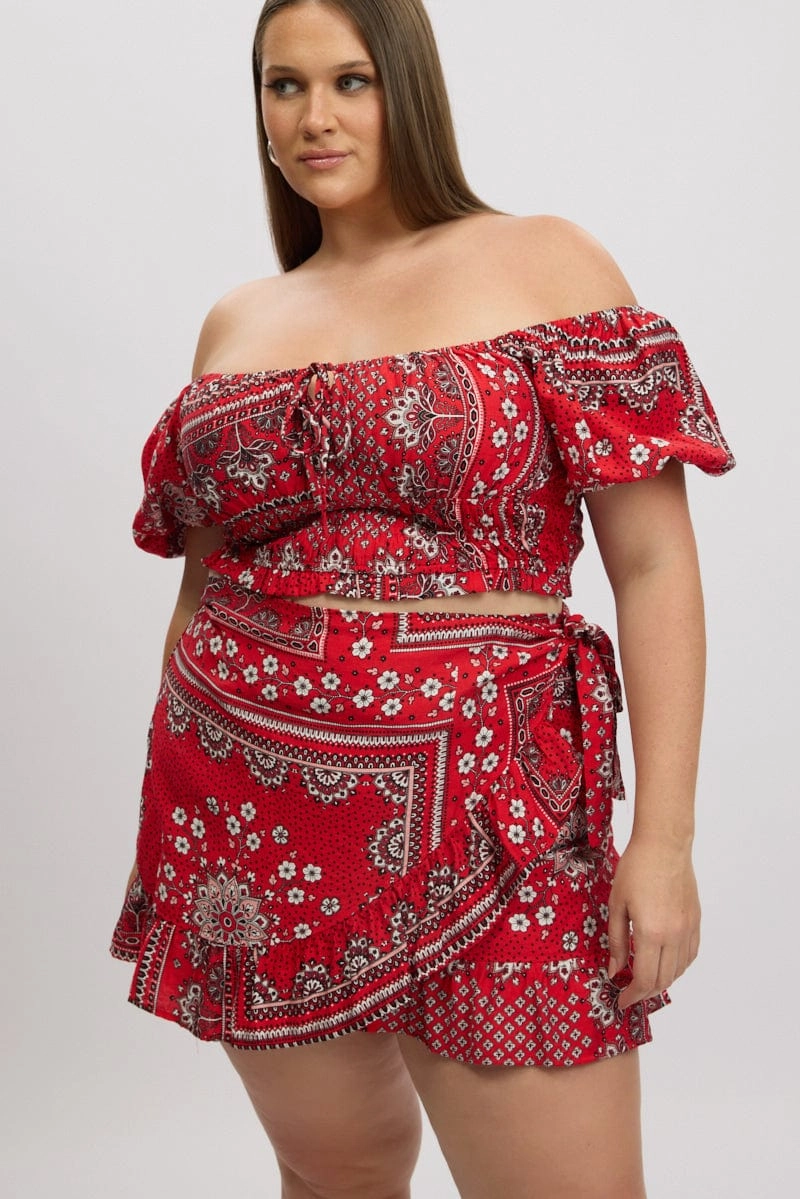 Red Boho Frill Wrap Mini Skirt Invisible Seams